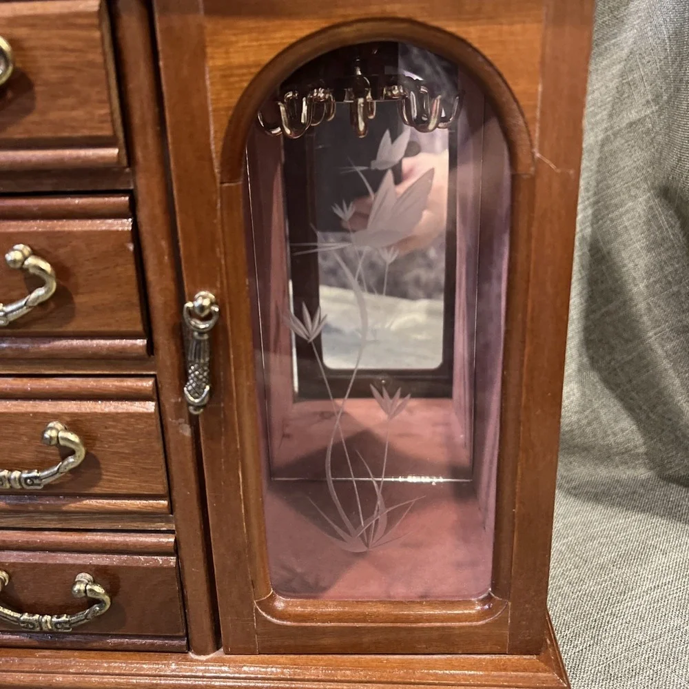 Vtg 1987 Wooden Jewelry Box Cabinet‎ 4 Drawers Etched Glass  Lift Top Organizer